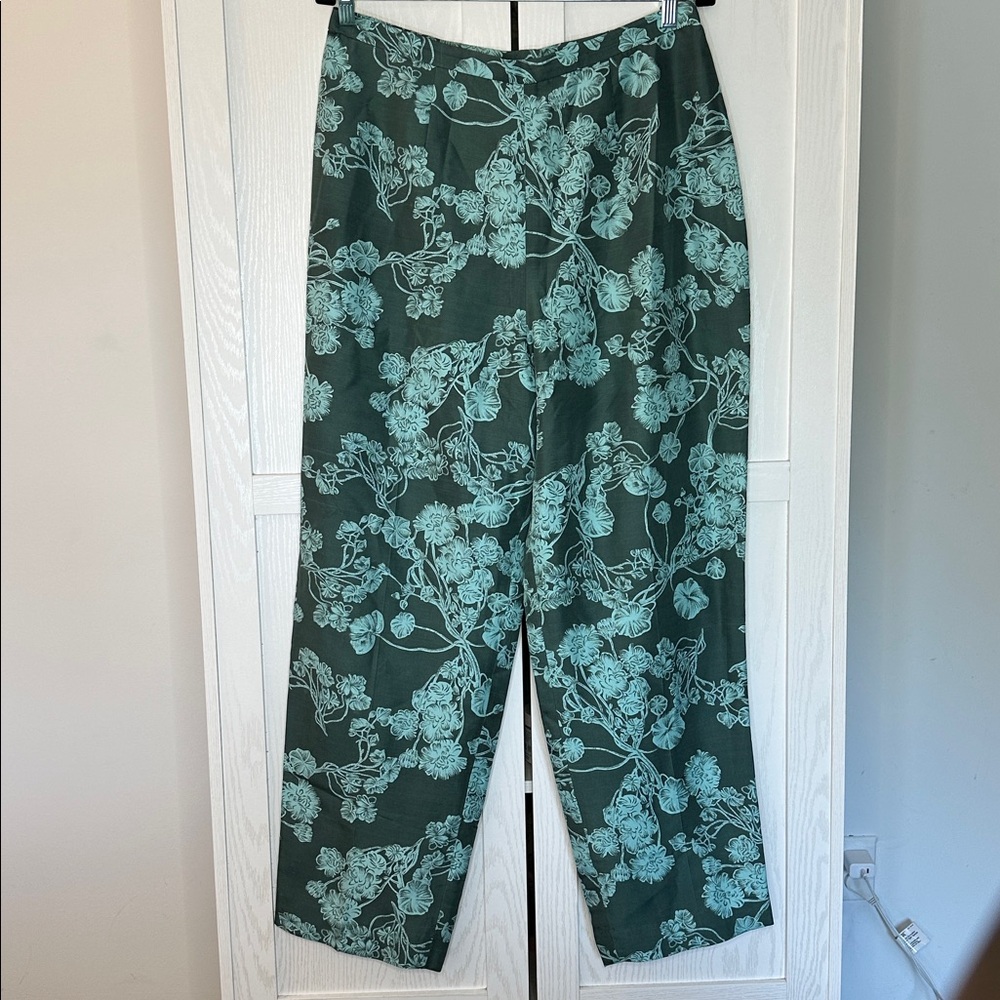Adrianna Papell Women's 100% Silk Wide Leg Coastal Green Floral Pants Size 16